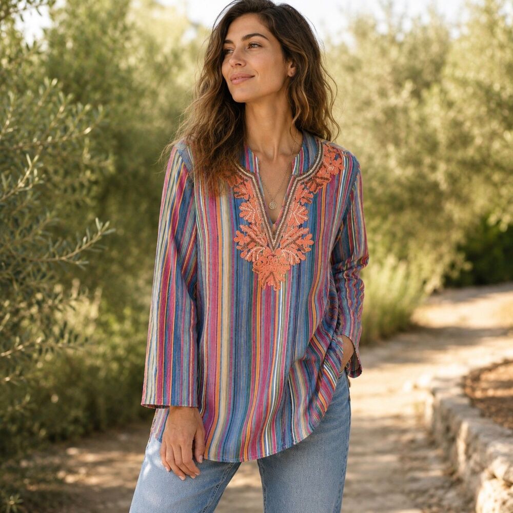Soft Surroundings Embroidered Tunic Top Boho Striped Cotton Resort L